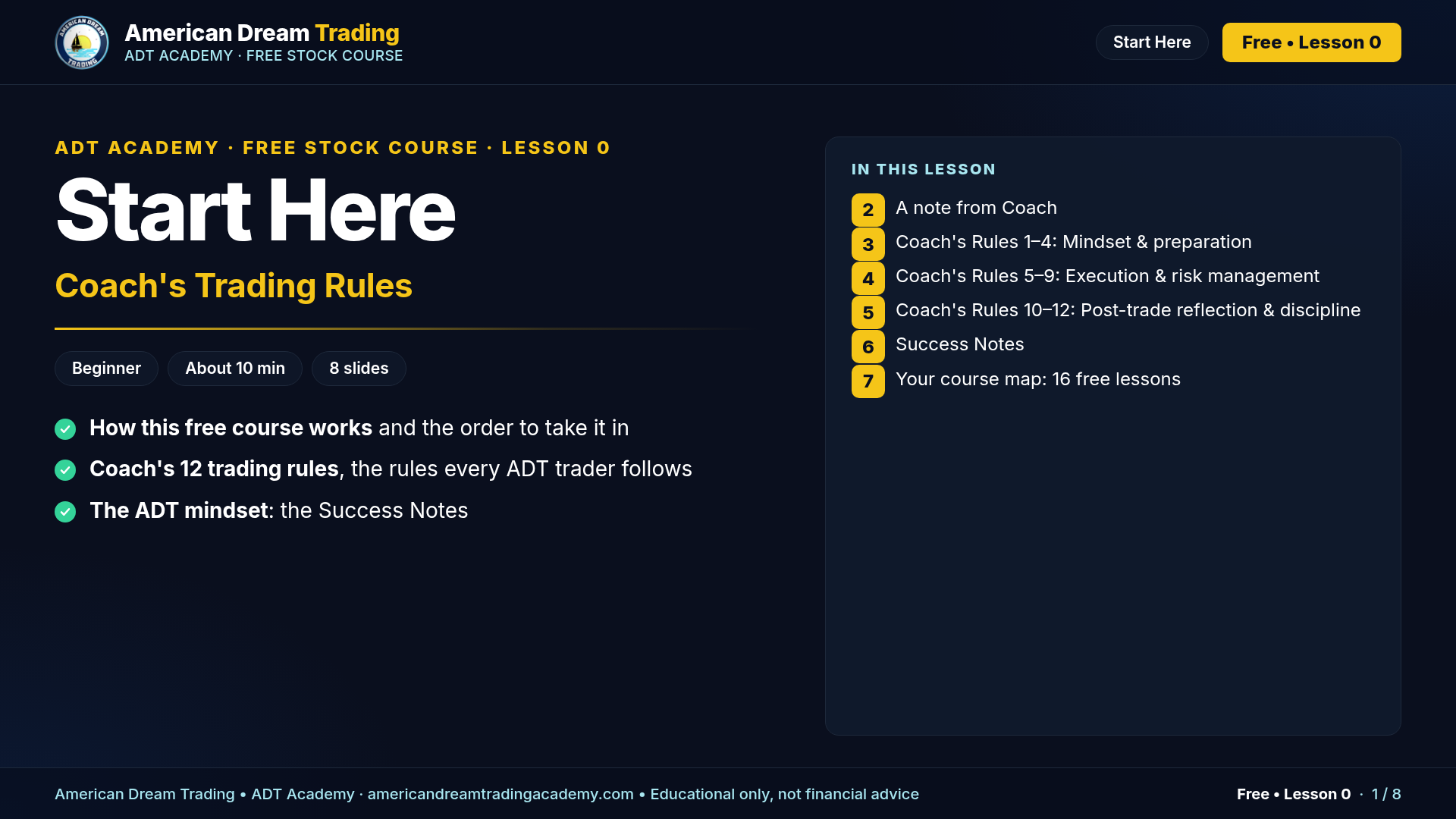 Start Here + Coach's Trading Rules: slide 1 of 8