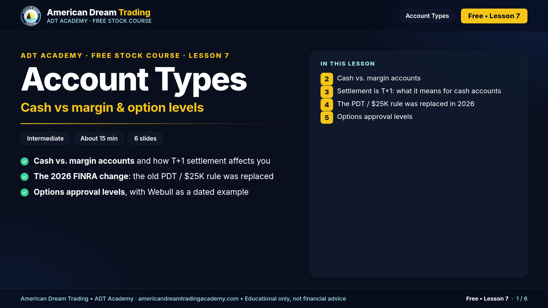 Account Types: Cash vs Margin & Option Levels: slide 1 of 6